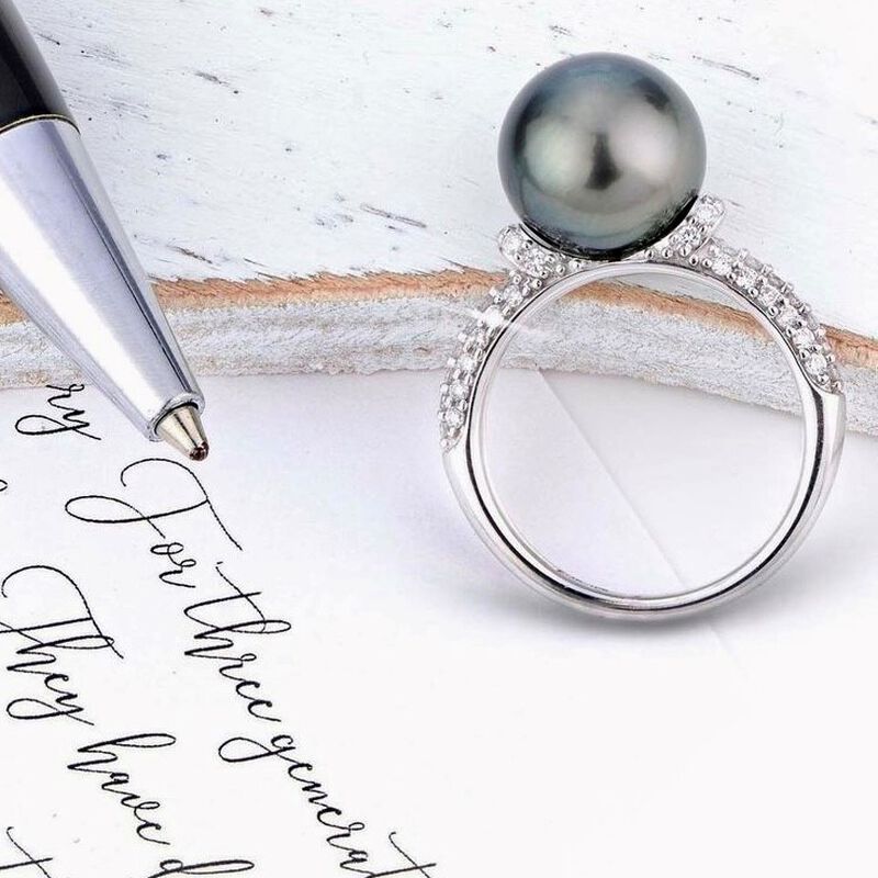 Tahitian Pearl & Diamond Shank Ring in 10k White Gold image number null