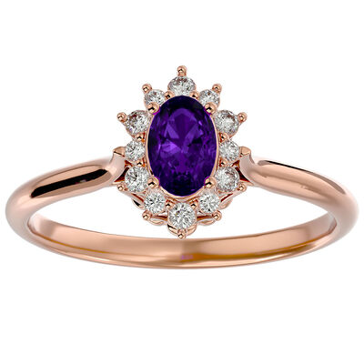 Oval-Cut Amethyst & Diamond Halo Ring in 14k Rose Gold
