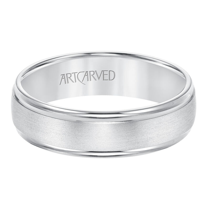ArtCarved® Men's 6mm Brushed Finish Pattern Detail Wedding Band in 14k White Gold image number null