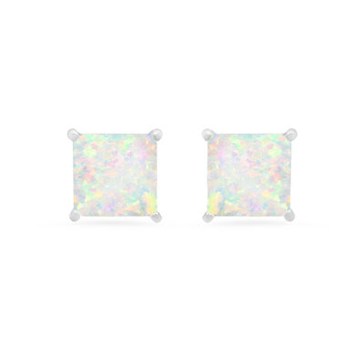 Princess-Cut Created Opal Solitaire Stud Earrings in 14k White Gold