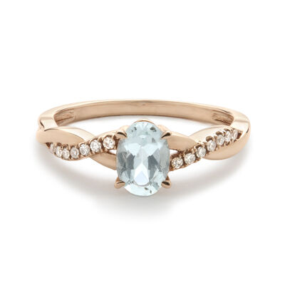 Aquamarine & Diamond Oval Twist Ring in 10k Rose Gold