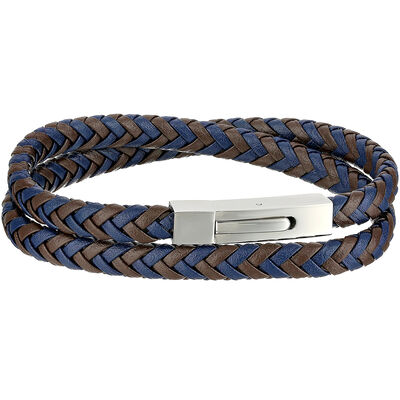 Men's Stainless Steel Clasp Brown & Blue Braided Leather Wrap Bracelet