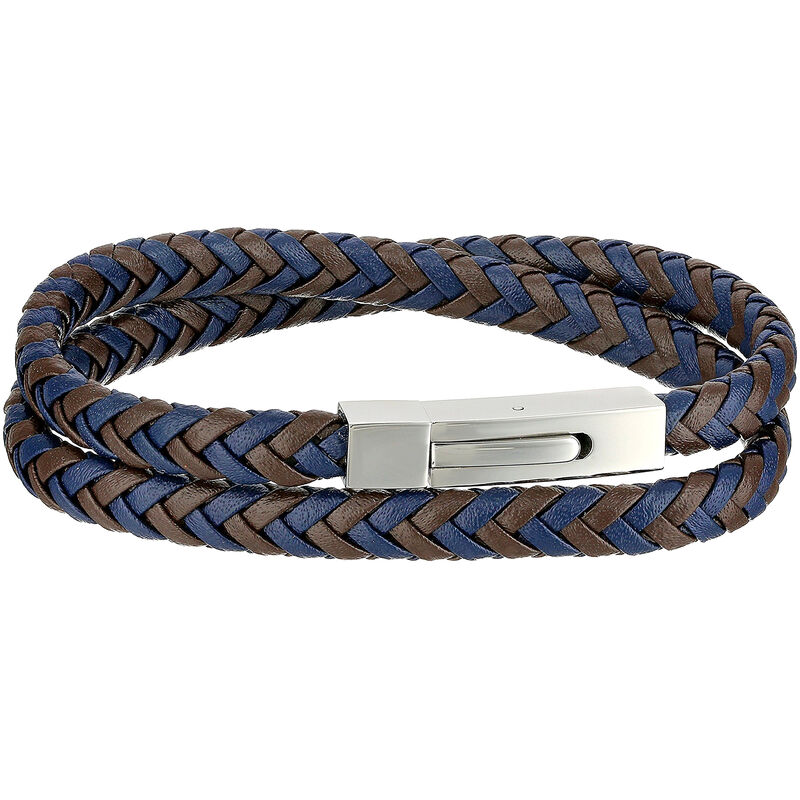 Men's Stainless Steel Clasp Brown & Blue Braided Leather Wrap Bracelet image number null