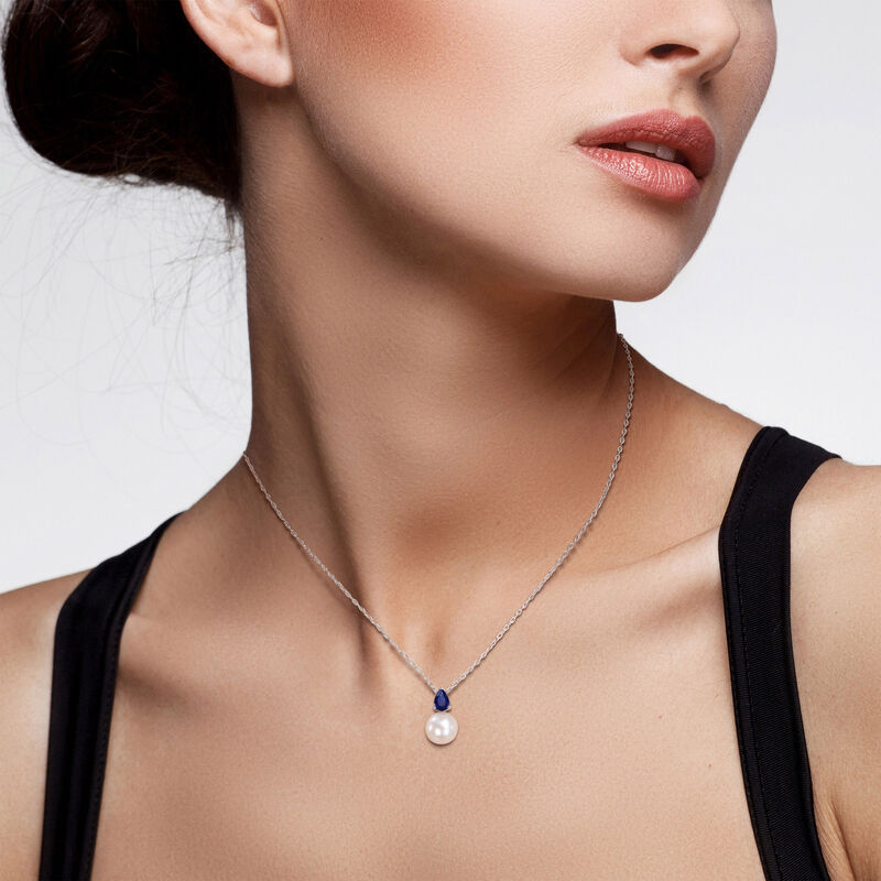 Created Blue Sapphire & Freshwater Cultured Pearl Necklace in Sterling Silver image number null