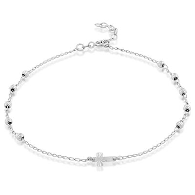 Bead & Cross Fashion Anklet in Sterling Silver