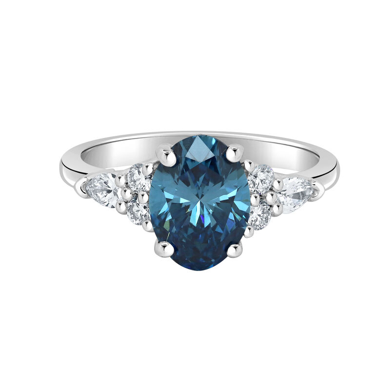 Blue Oval-Cut Lab Grown 2 3/8ctw. Diamond with Pear-Shaped Brilliant-Cut Accents Engagement Ring in 14k White Gold image number null