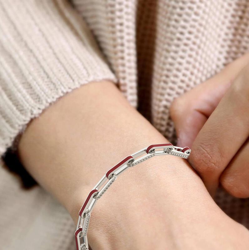 Brilliant-Cut Lab Grown Diamond Red Ceramic Paperclip Bracelet in Sterling Silver image number null