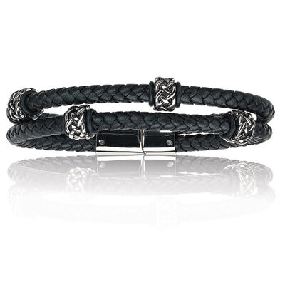 Double Band Black Leather & Stainless Steel Tribal Detail Bracelet