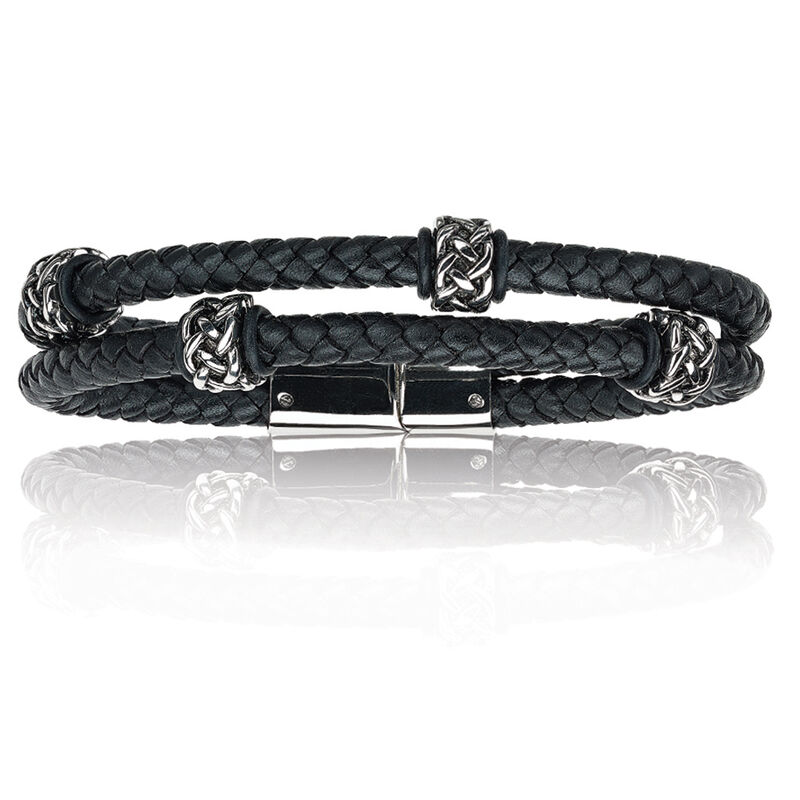 Double Band Black Leather Bracelet with Stainless Steel & Sterling Silver Tribal Beads image number null