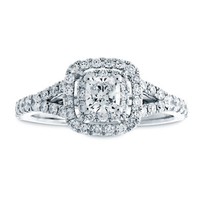 Celine. Cushion-Cut Diamond Double Halo Engagement Ring in 14k White Gold