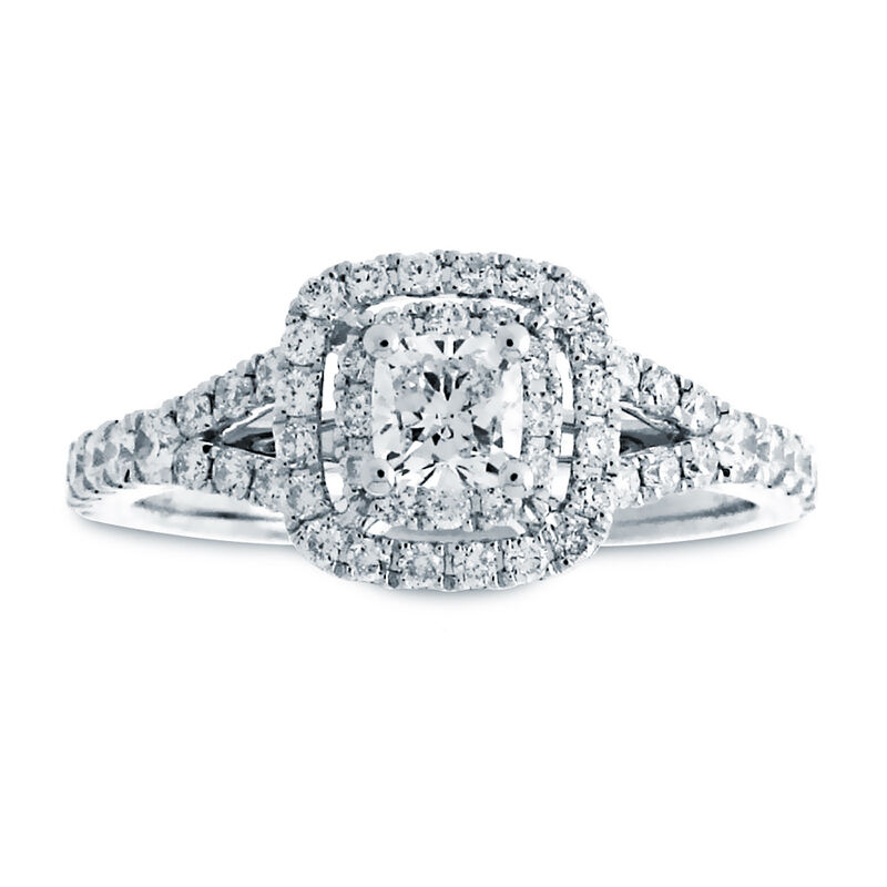 Celine. Cushion-Cut Diamond Double Halo Engagement Ring in 14k White Gold image number null