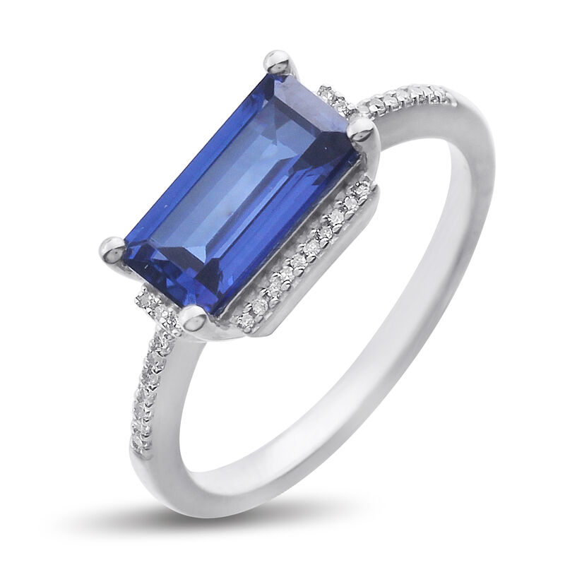 Sideways Emerald-Cut Created Blue Sapphire & Diamond Ring in Sterling Silver image number null