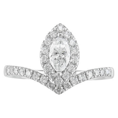 Marquise Natural Diamond 3/4ctw. Halo V Shank Engagement Ring in 14k White Gold