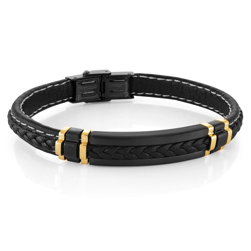 Braided Leather Bracelet in Black and Gold Plated Sterling Silver image number null