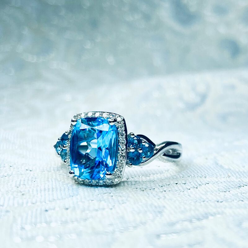 Elongated Cushion-Cut Blue Topaz & Diamond Halo Ring in 10k White Gold image number null