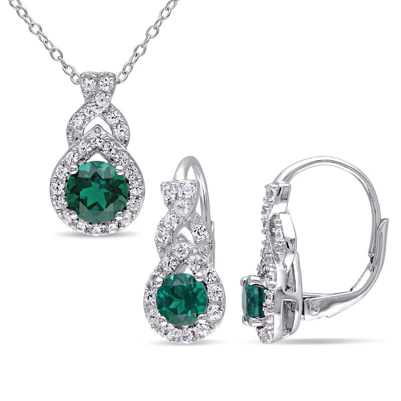 Brilliant-Cut Created Emerald & Created White Sapphire Leverback Earrings & Fashion Pendant with Chain in Sterling Silver image number null