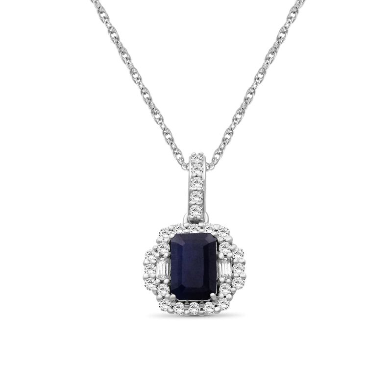 Emerald-Cut Sapphire & Diamond Halo Pendant in 10k White Gold image number null