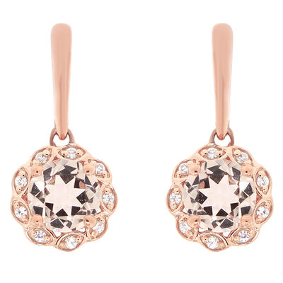 Round Morganite & Diamond Flower Drop Earrings in 10k Rose Gold