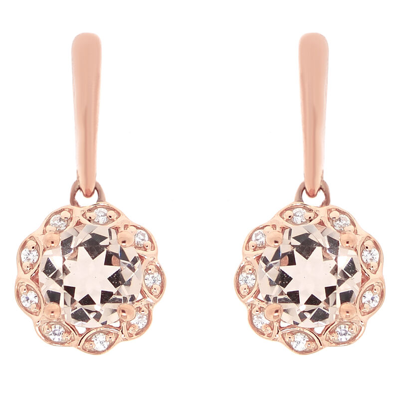 Round Morganite & Diamond Flower Drop Earrings in 10k Rose Gold image number null