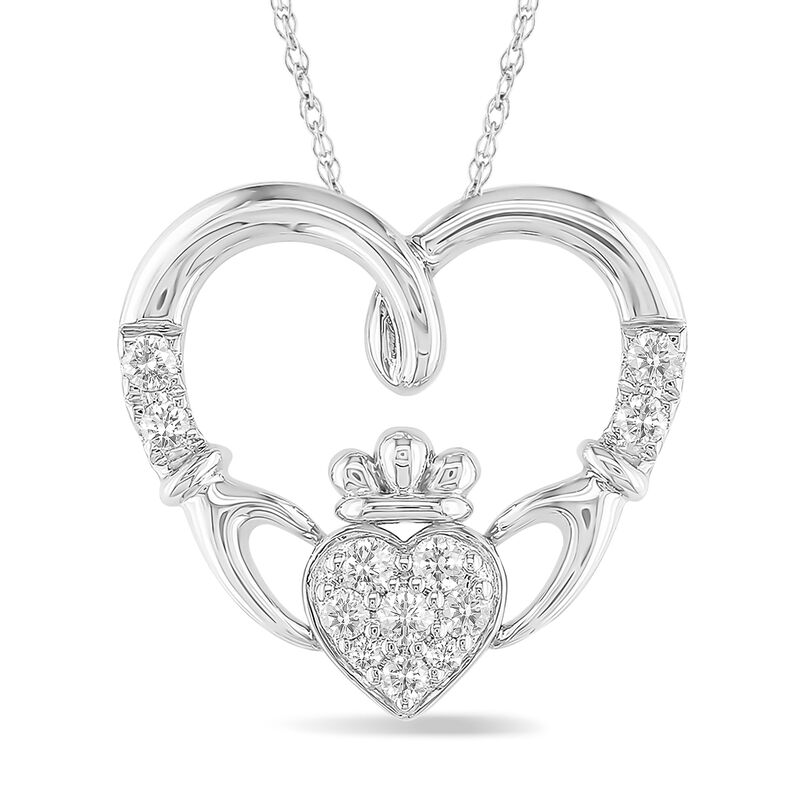 Diamond Heart Claddagh Pendant in 10k White Gold image number null