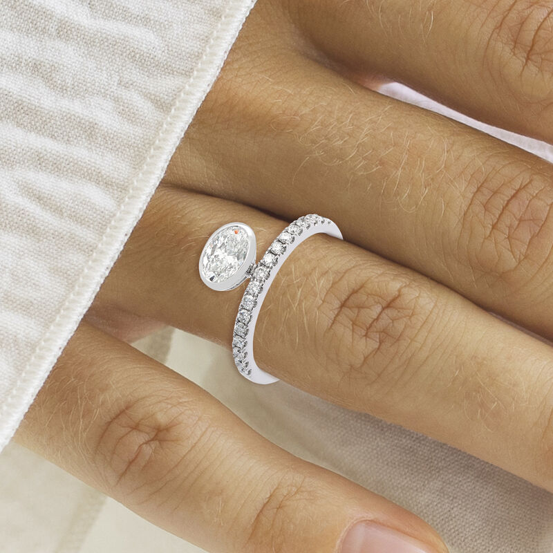 Oval Natural Diamond 1ctw. Horizontal Bezel Classic Shank Engagement Ring in 14k White Gold image number null