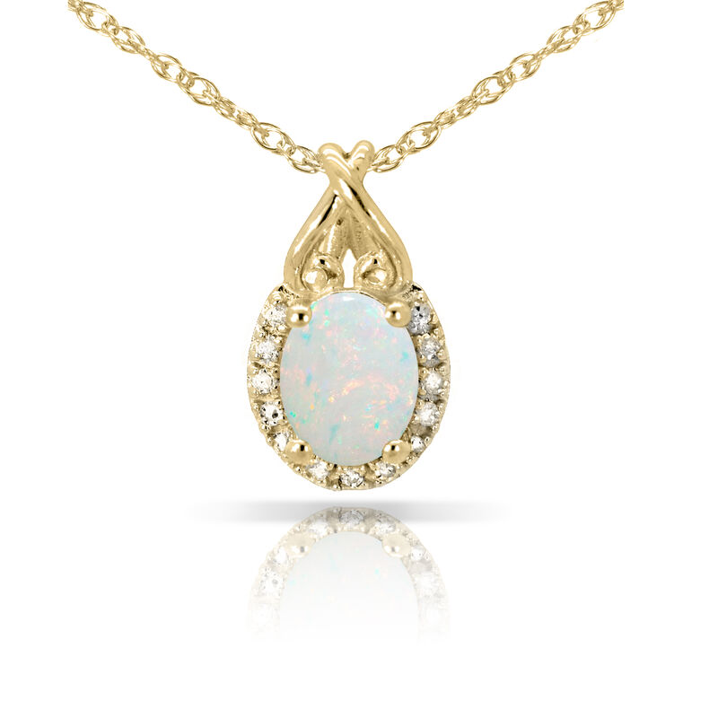Oval Created Opal & Diamond Halo Pendant in 10k Yellow Gold image number null