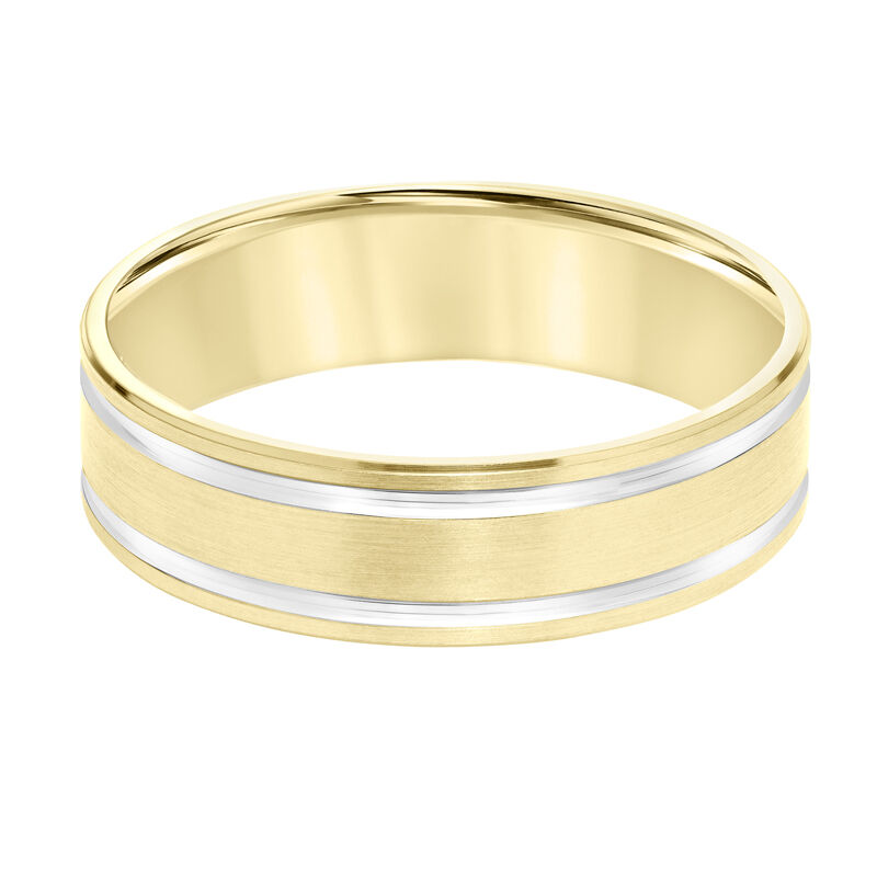 Brushed Finish Wedding Band with White Gold, High Polished Line Detail in 14k Yellow image number null