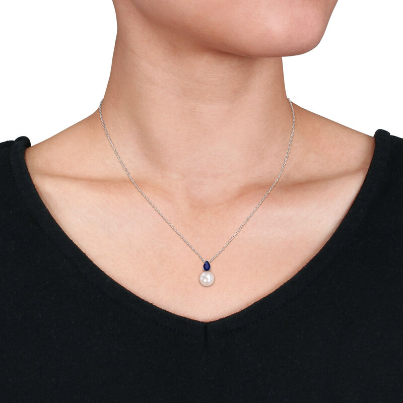 Created Blue Sapphire & Freshwater Cultured Pearl Necklace in Sterling Silver image number null