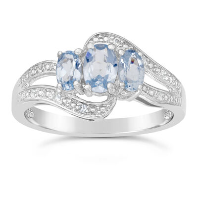 Triple Oval Created Aquamarine and Created White Sapphire Ring in Sterling Silver 