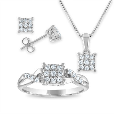 Lab Grown Diamond Square Cluster Ring, Pendant & Earring Jewelry Set