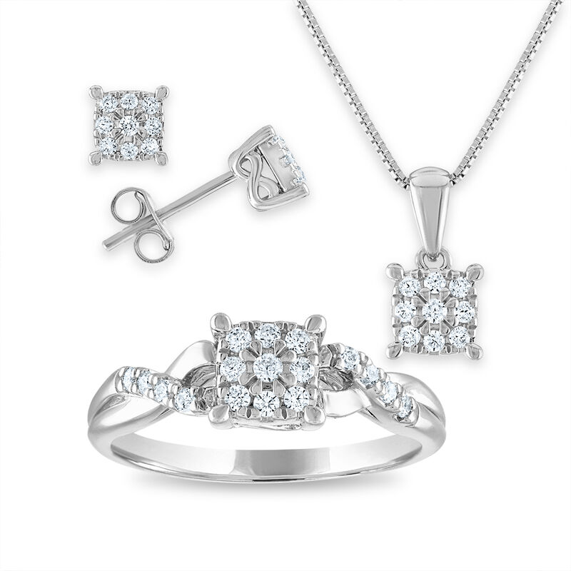 Lab Grown Diamond Square Cluster Ring, Pendant & Earring Jewelry Set image number null