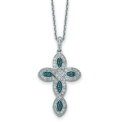 Blue & White Diamond Cross Necklace in 14k White Gold