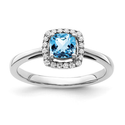 Cushion-Cut Blue Topaz & Diamond Halo Ring in Sterling Silver