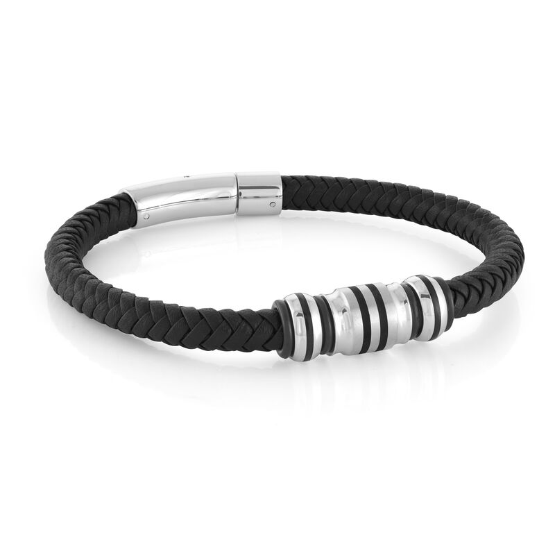 Bead and Leather Bracelet in Black Plated Sterling Silver image number null