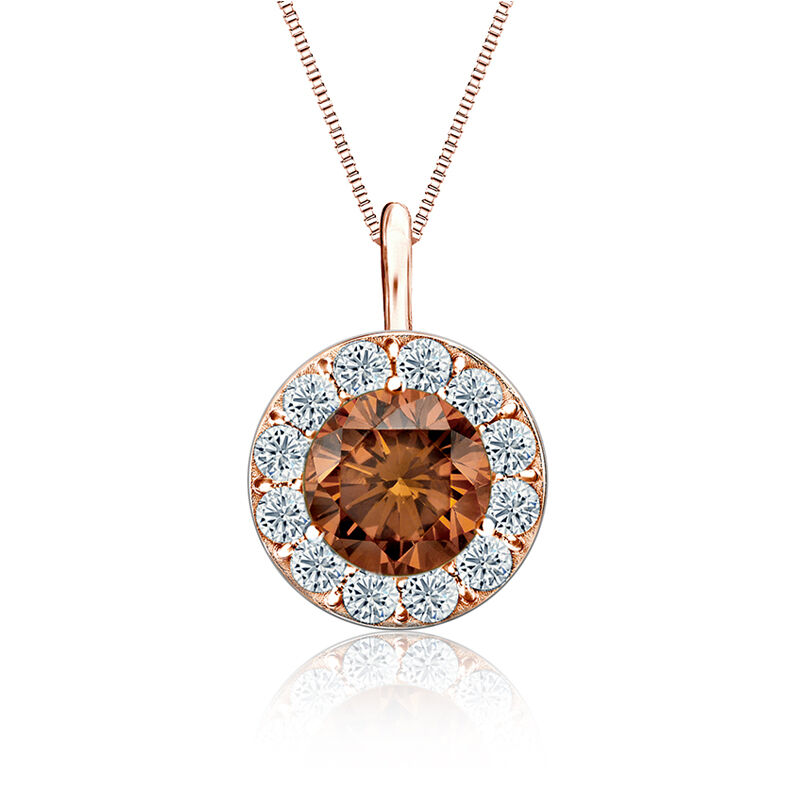 Champagne & White 2ct. Diamond Halo Pendant in 14k Rose Gold image number null