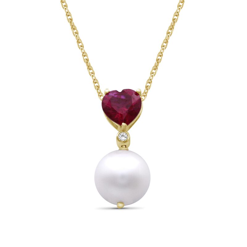 Heart-Shaped Created Ruby Pearl & Diamond Drop Pendant in 10k Yellow Gold image number null