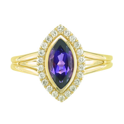 Marquise-Cut Amethyst & Diamond Ring in 10k Yellow Gold