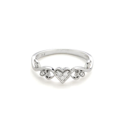 Diamond Heart Scroll Design Promise Ring in 10k white Gold