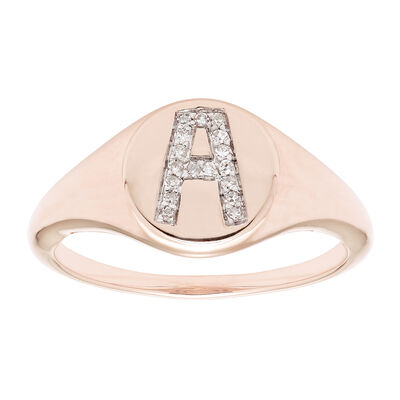 Diamond Initial A Signet Ring in 14k Rose Gold