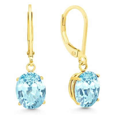 Blue Topaz Oval Dangle Leverback Earrings in 14k Yellow Gold