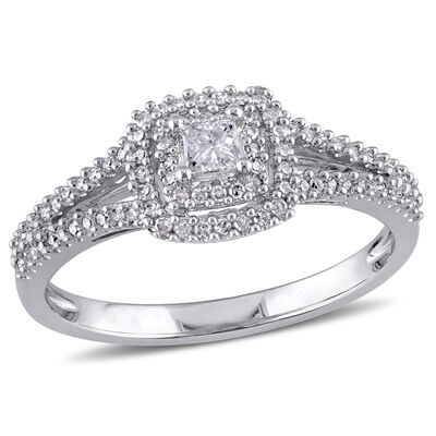 Princess-Cut 3/8ctw Diamond Double Halo Split Shank Engagement Ring in Sterling Silver