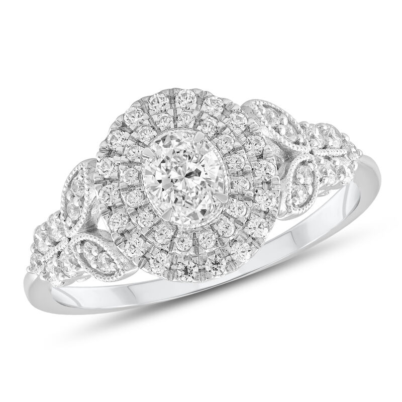 Oval Natural Diamond 5/8ctw. Milgrain Double Halo Leaf Pattern Engagement Ring in 14k White Gold image number null