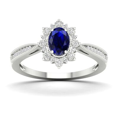 Oval Blue Sapphire Vintage Halo Ring in 10k White Gold