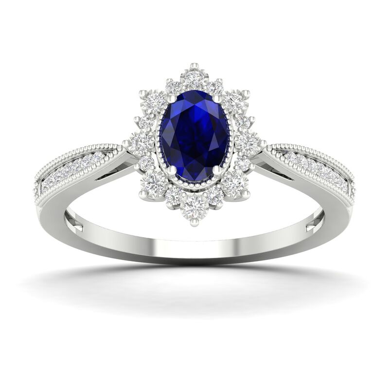 Oval Blue Sapphire Vintage Halo Ring in 10k White Gold image number null