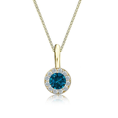 Blue & White Diamond Halo 1/4ct. Pendant in 14k Yellow Gold