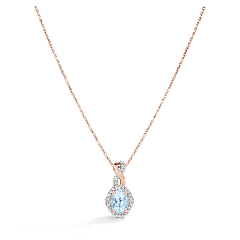 JK Crown® Oval Aquamarine & Diamond Halo Twist Pendant in 10k Rose Gold image number null