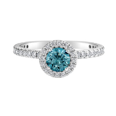Brilliant-Cut Lab Grown 1ctw. Blue Diamond Halo Engagement Ring in 14k White Gold