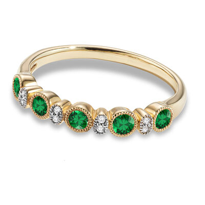 Genuine Emerald Bezel-Set Gemstone & Diamond Band in 10k Yellow Gold