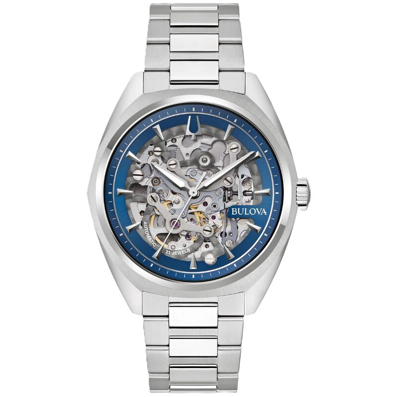Bulova Men's Surveyor Auto 42 Hr. Stainless Steel Blue w/Silver Skeleton Dial Bracelet 41mm Watch 96A292 image number null