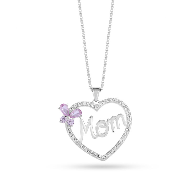 Created Pink Sapphire Butterfly and Created White Sapphire Heart Mom Pendant in Sterling Silver image number null